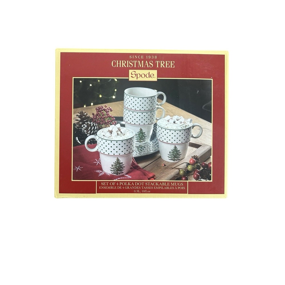 Spode Mugs Christmas Tree Polka Dot Set Of 4 Stackable Holiday Festive